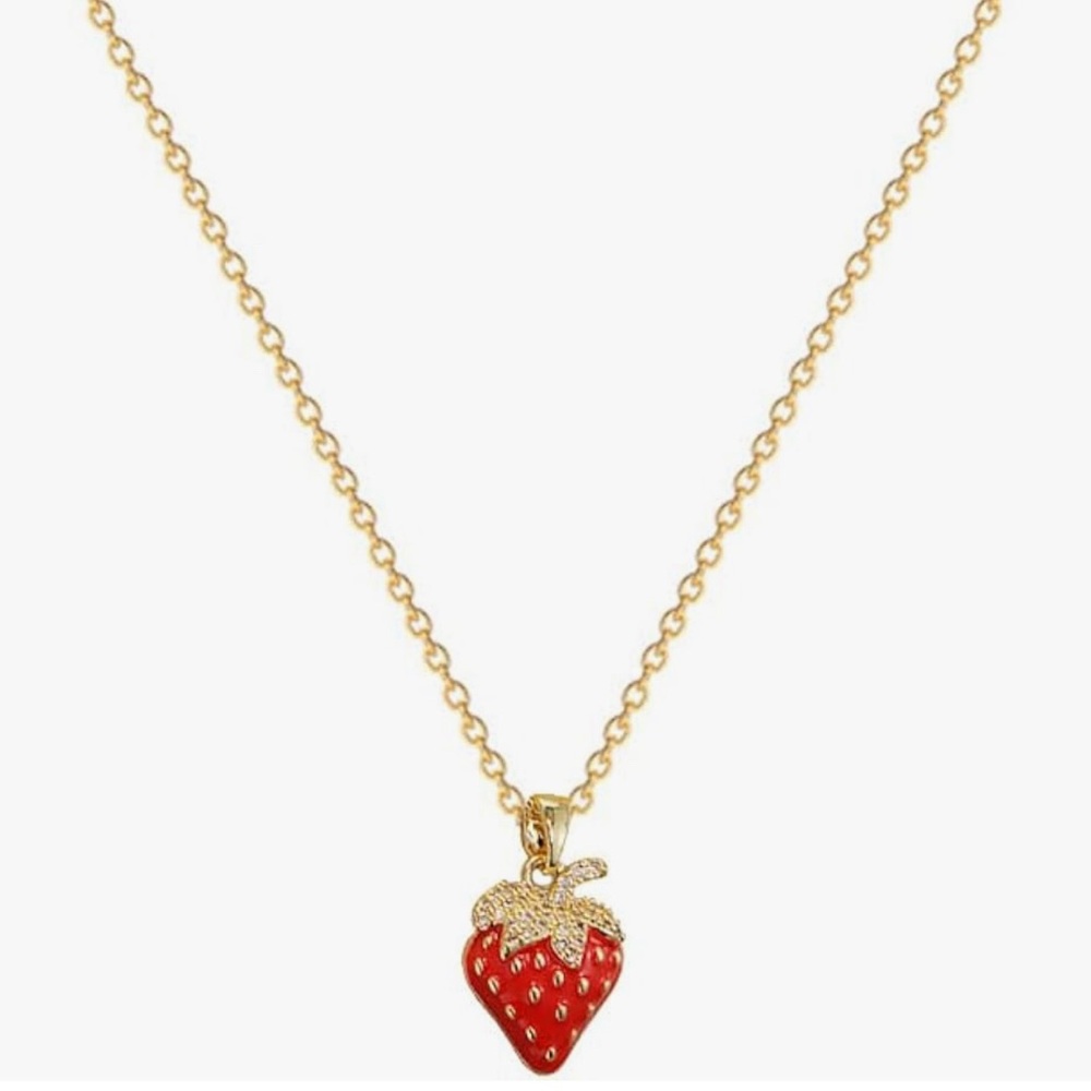 CZ Strawberry charm 18k gold plated necklace. New.